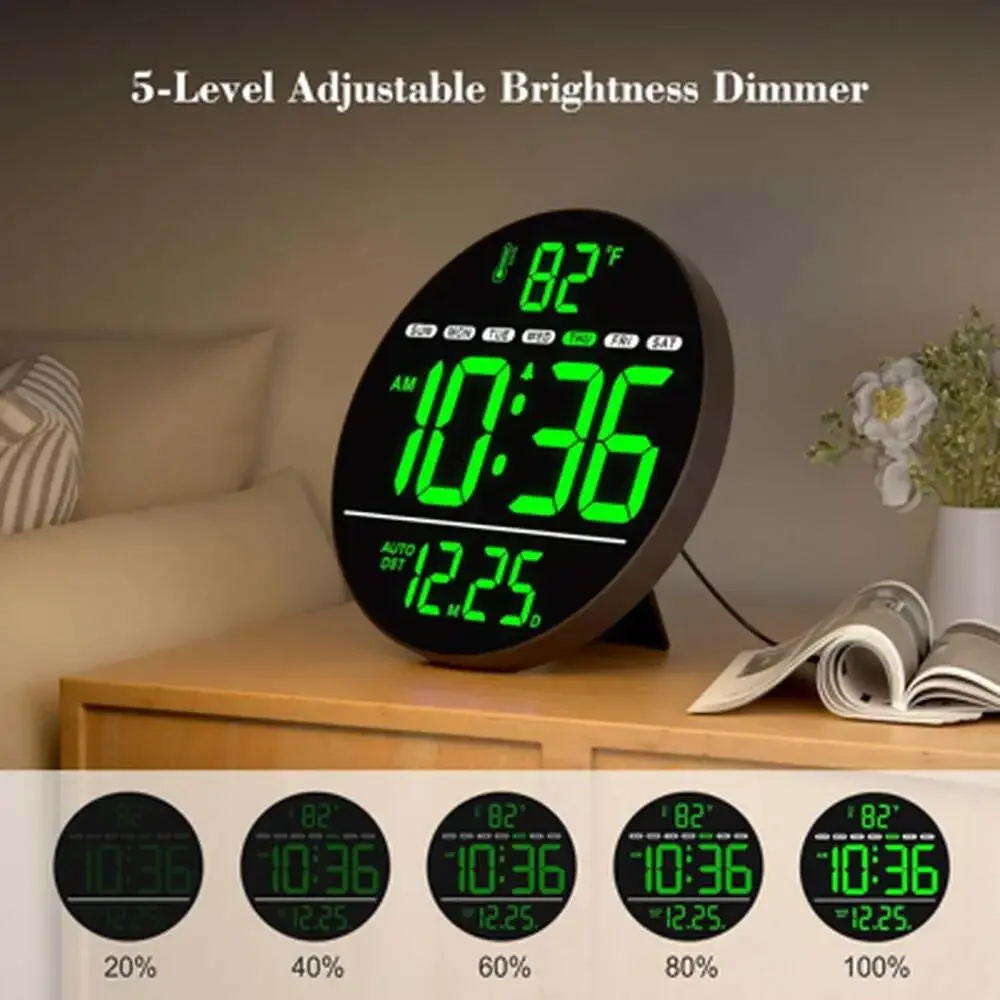 Digital Wall Clock with LED Display, Temperature, Auto Daylight Saving, Date